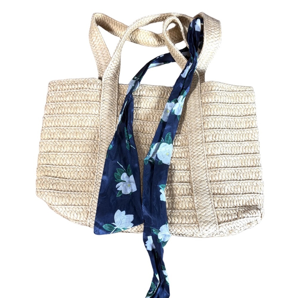 Draper James Natural Straw Tote Bag with Navy Floral Scarf & Blue Lining